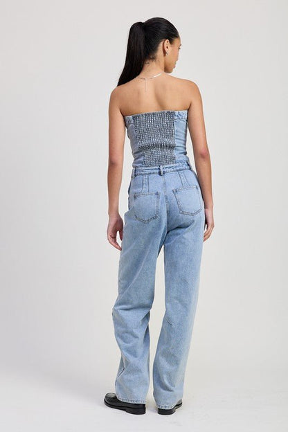 STRAPLESS DENIM JUMPSUIT - Bitsy Gypsy Boutique