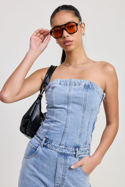 STRAPLESS DENIM JUMPSUIT - Bitsy Gypsy Boutique
