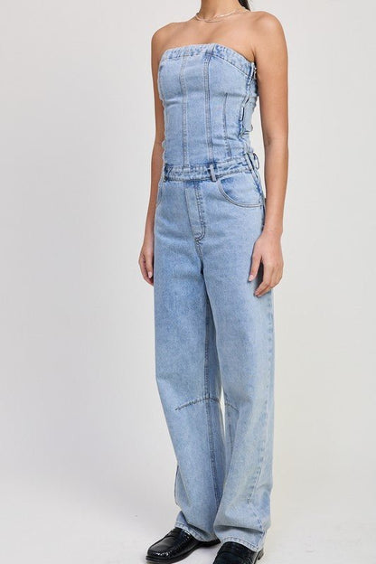 STRAPLESS DENIM JUMPSUIT - Bitsy Gypsy Boutique