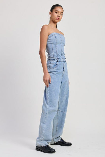 STRAPLESS DENIM JUMPSUIT - Bitsy Gypsy Boutique
