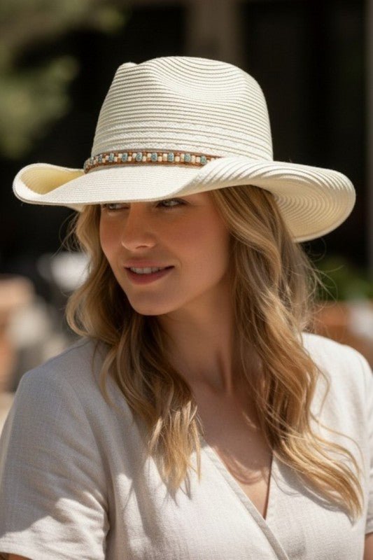 Straw Cowboy Hat With Multicolor Beaded Band - Bitsy Gypsy Boutique
