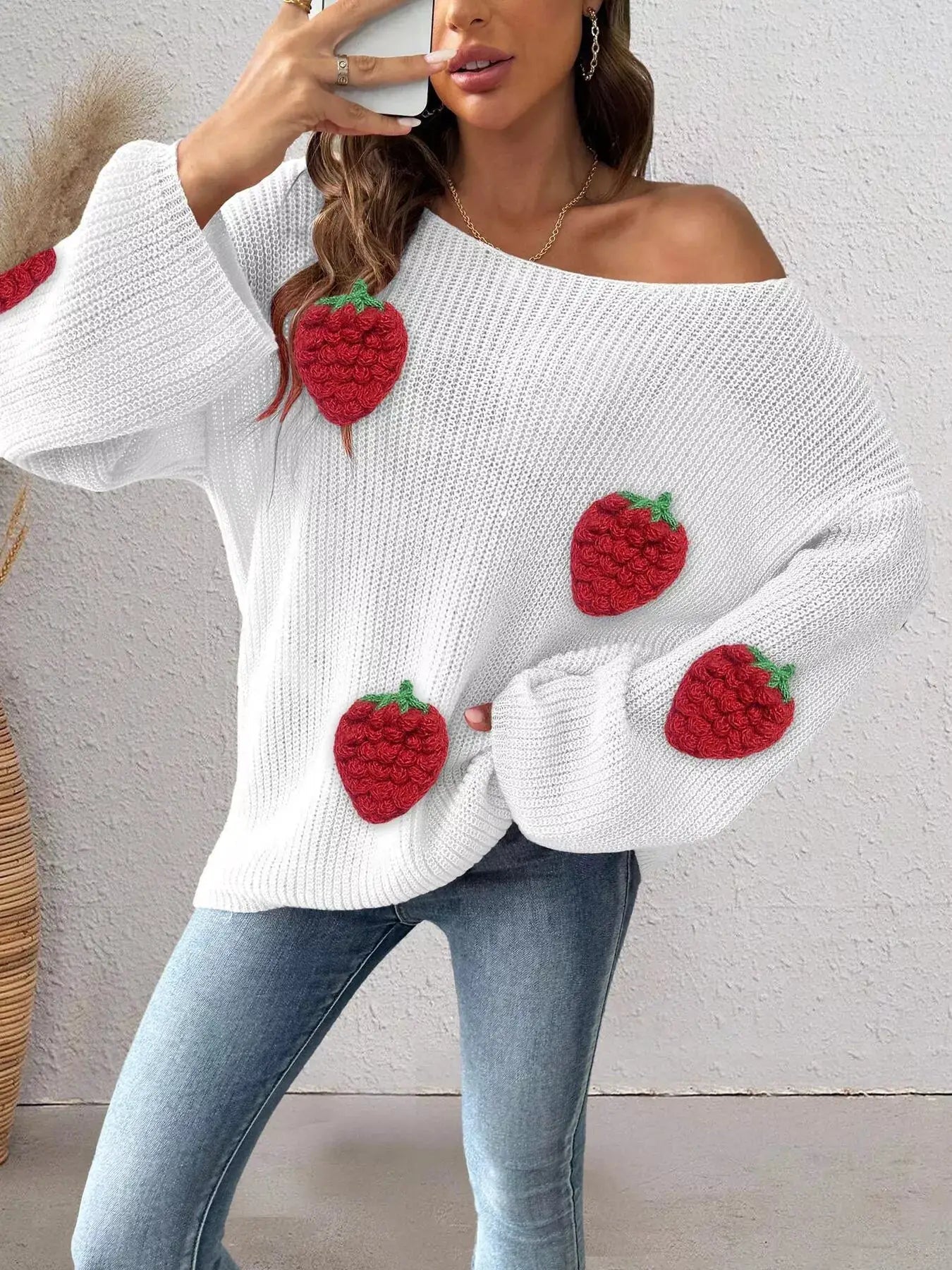 Strawberry Applique Oversized Sweater - Bitsy Gypsy Boutique