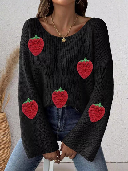 Strawberry Applique Oversized Sweater - Bitsy Gypsy Boutique