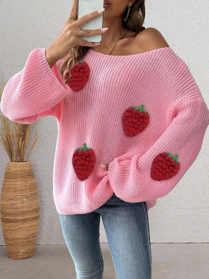 Strawberry Applique Oversized Sweater - Bitsy Gypsy Boutique