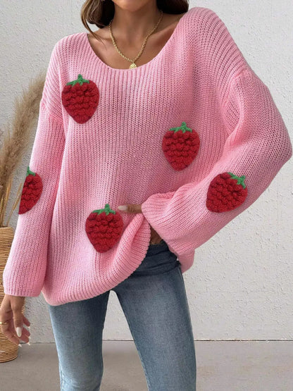 Strawberry Applique Oversized Sweater - Bitsy Gypsy Boutique
