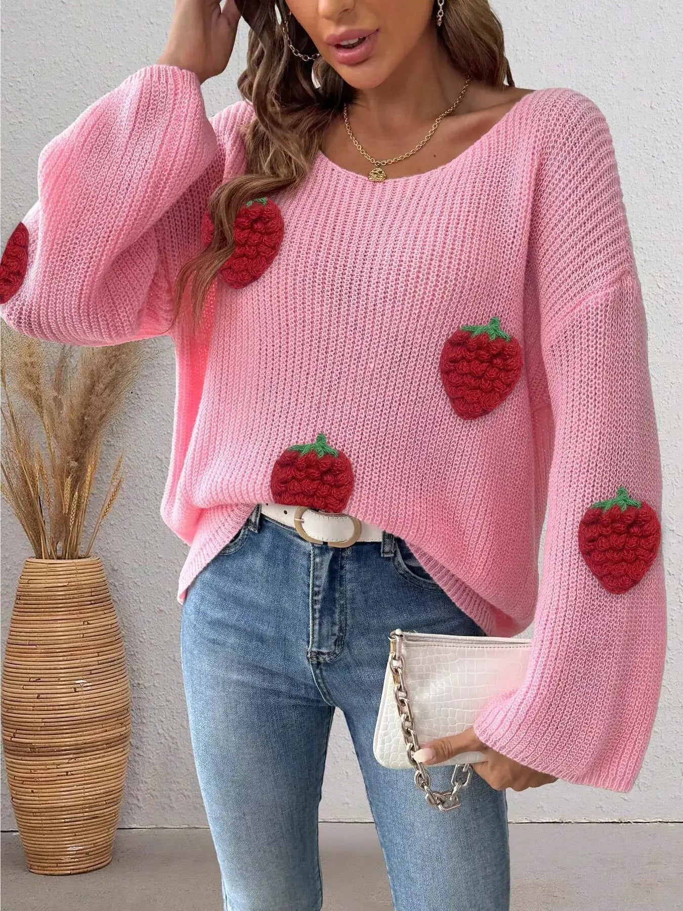 Strawberry Applique Oversized Sweater - Bitsy Gypsy Boutique