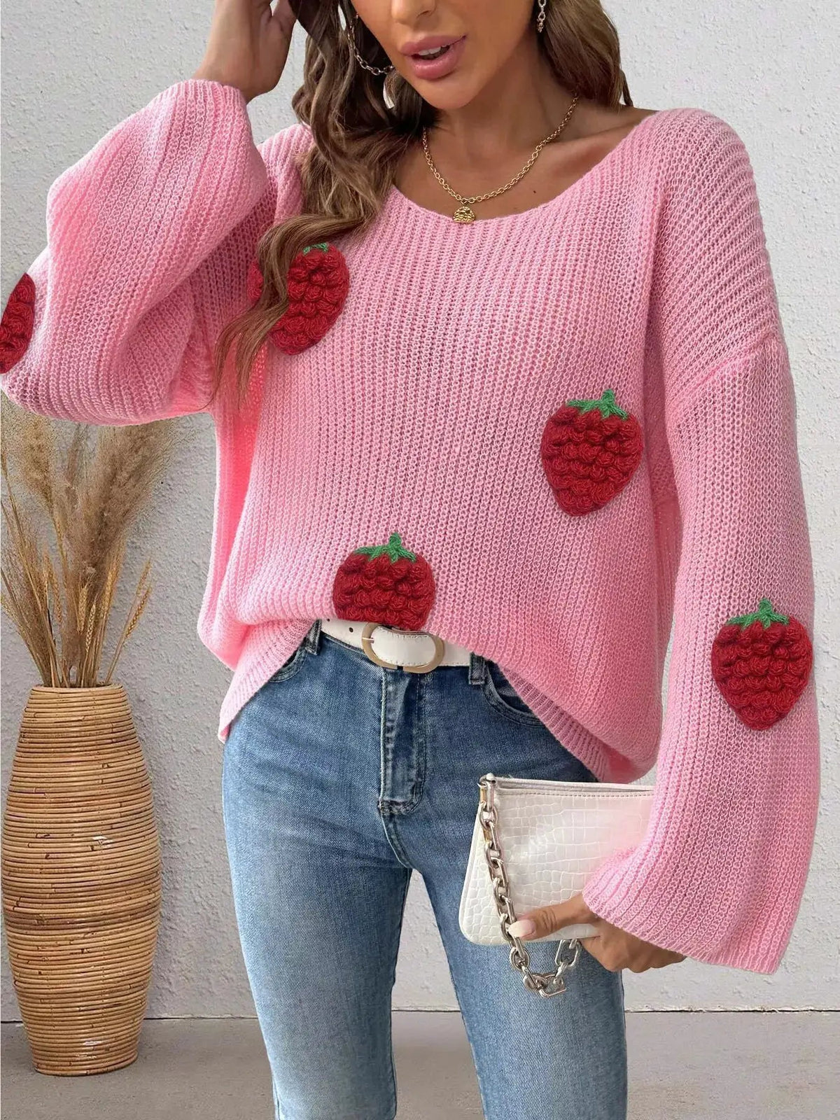 Strawberry Applique Oversized Sweater - Bitsy Gypsy Boutique