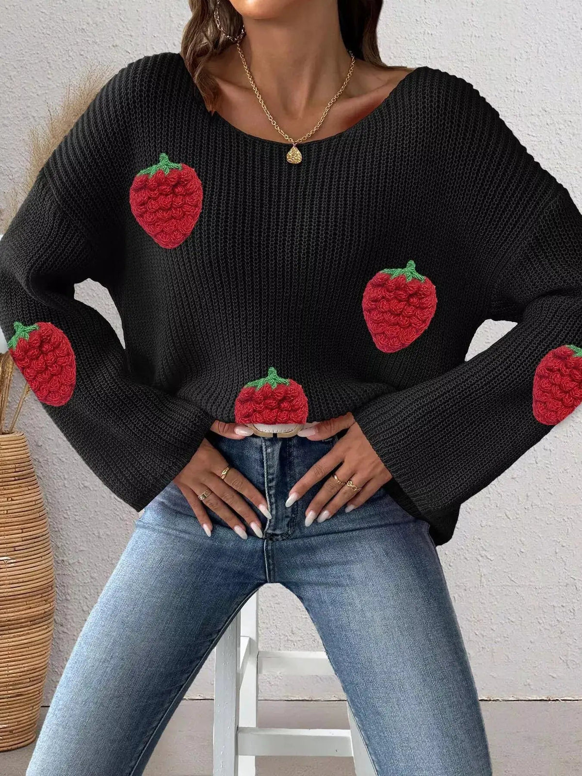 Strawberry Applique Oversized Sweater - Bitsy Gypsy Boutique