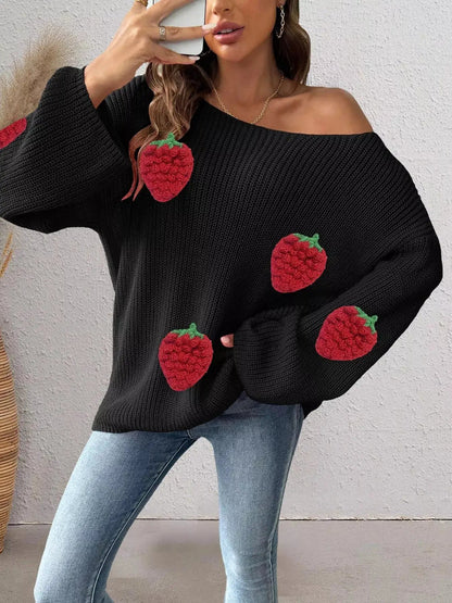 Strawberry Applique Oversized Sweater - Bitsy Gypsy Boutique