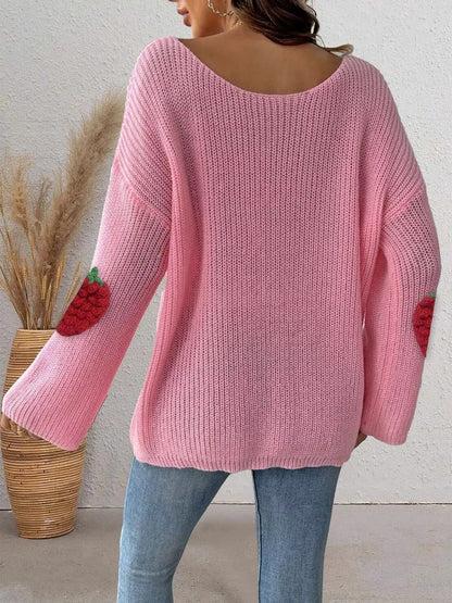 Strawberry Applique Oversized Sweater - Bitsy Gypsy Boutique