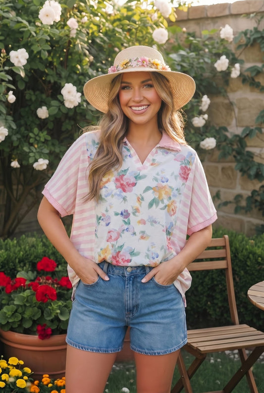 Strawberry Patch Floral and Stripe Mixed Top - Bitsy Gypsy Boutique