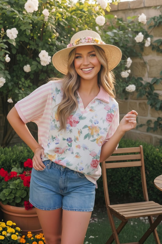 Strawberry Patch Floral and Stripe Mixed Top - Bitsy Gypsy Boutique