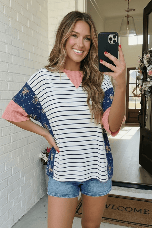 Stripe and Floral Mixed Media Oversized Top - Bitsy Gypsy Boutique