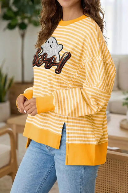 Stripe Boo Sequin Ghost Halloween Split Hem Long Sleeve Top - Bitsy Gypsy Boutique