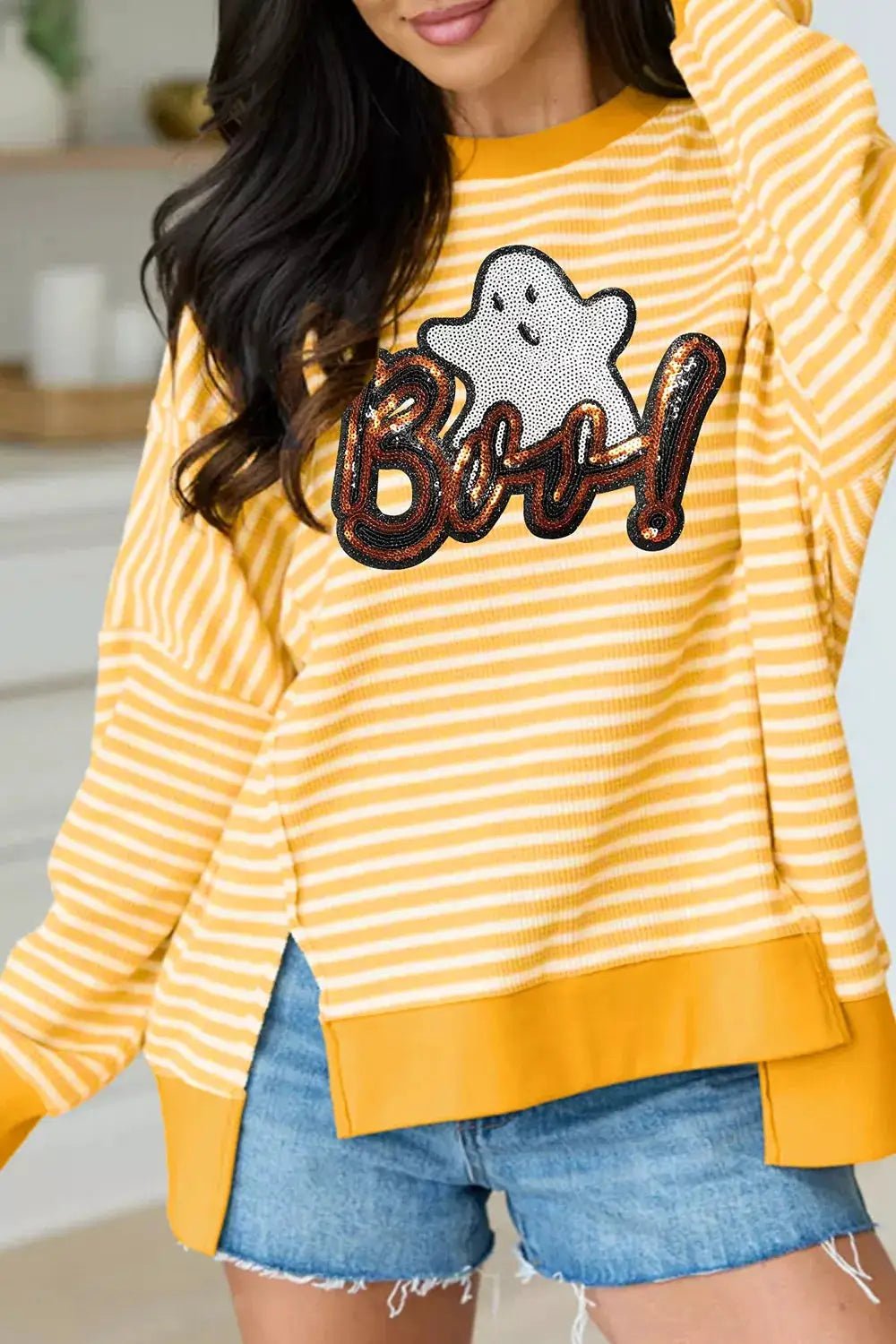 Stripe Boo Sequin Ghost Halloween Split Hem Long Sleeve Top - Bitsy Gypsy Boutique