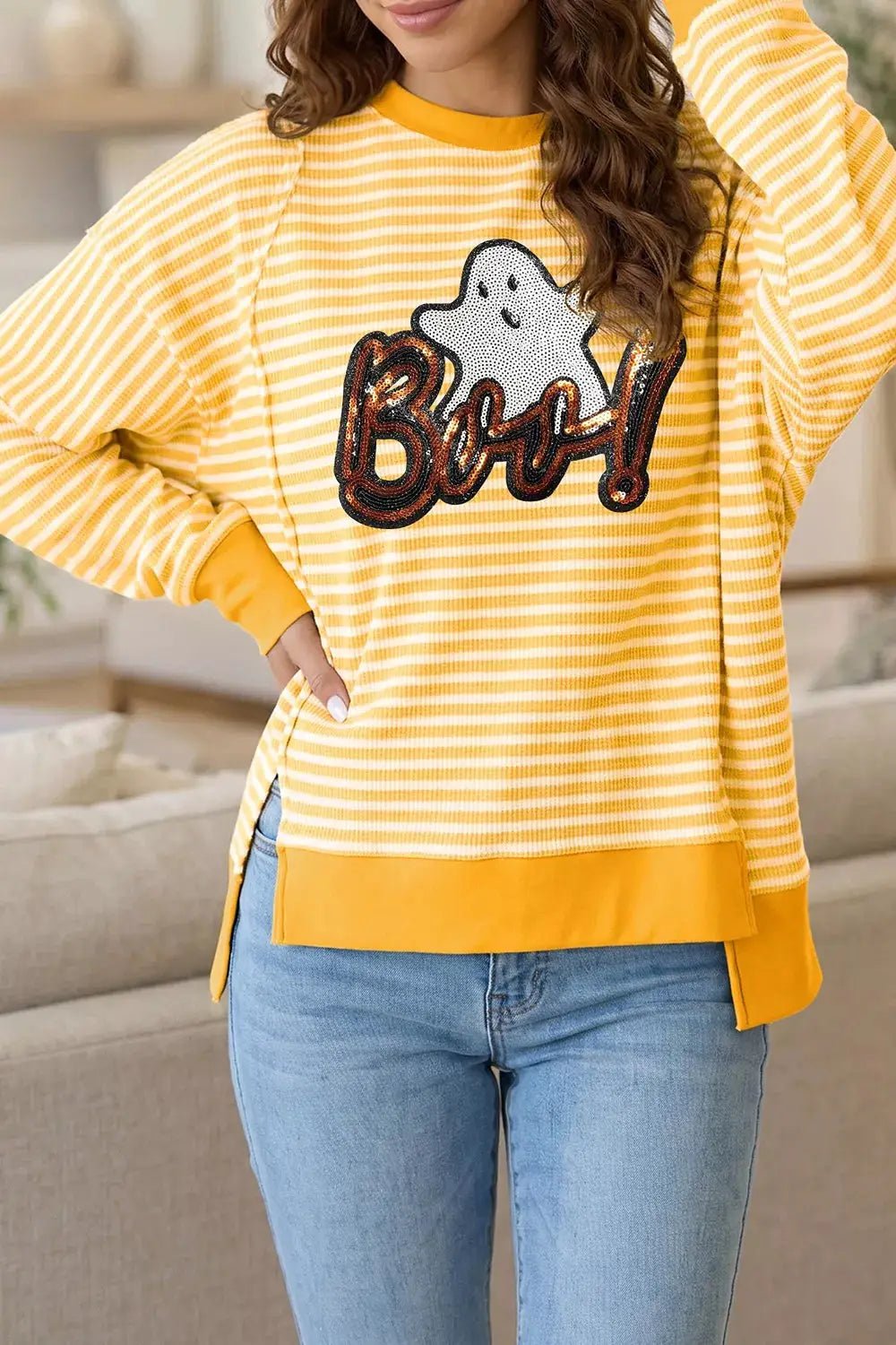 Stripe Boo Sequin Ghost Halloween Split Hem Long Sleeve Top - Bitsy Gypsy Boutique