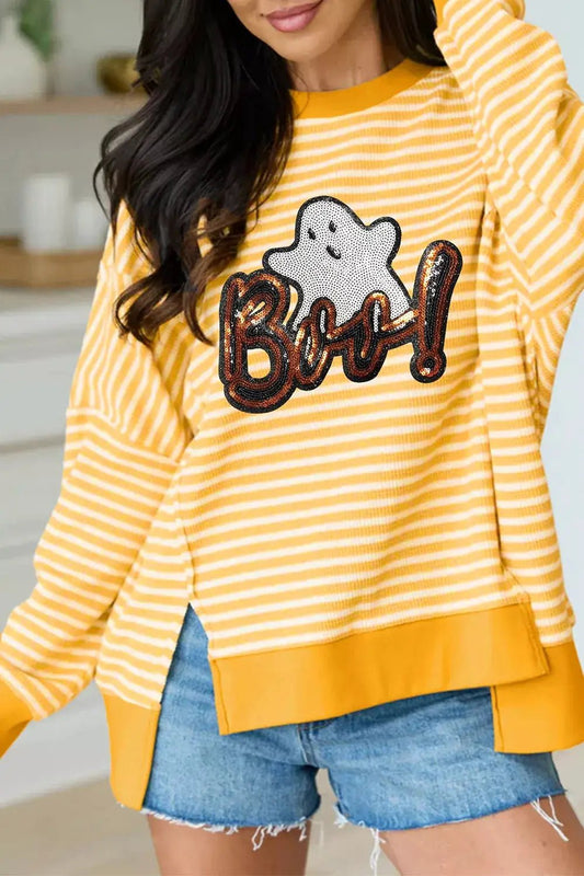 Stripe Boo Sequin Ghost Halloween Split Hem Long Sleeve Top - Bitsy Gypsy Boutique