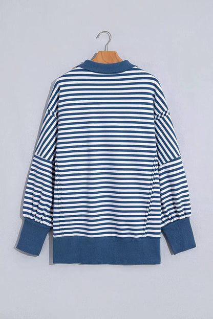 Stripe Color Block Trim Raw Seam Split Hem Loose Sweatshirt - Bitsy Gypsy Boutique