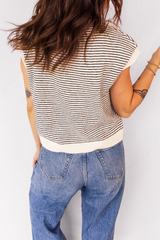 Stripe Contrast Trim Cap Sleeve Button - Up Cardigan - Bitsy Gypsy Boutique