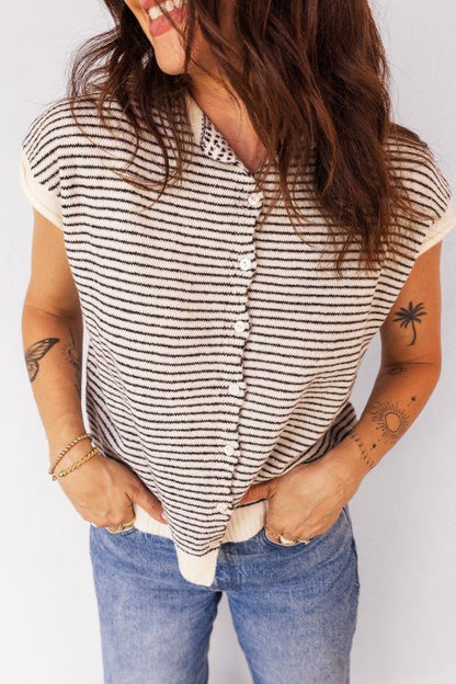 Stripe Contrast Trim Cap Sleeve Button - Up Cardigan - Bitsy Gypsy Boutique