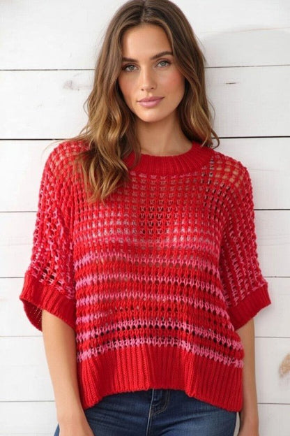 Stripe Draped 3/4 Sleeve Slouchy Sweater - Bitsy Gypsy Boutique