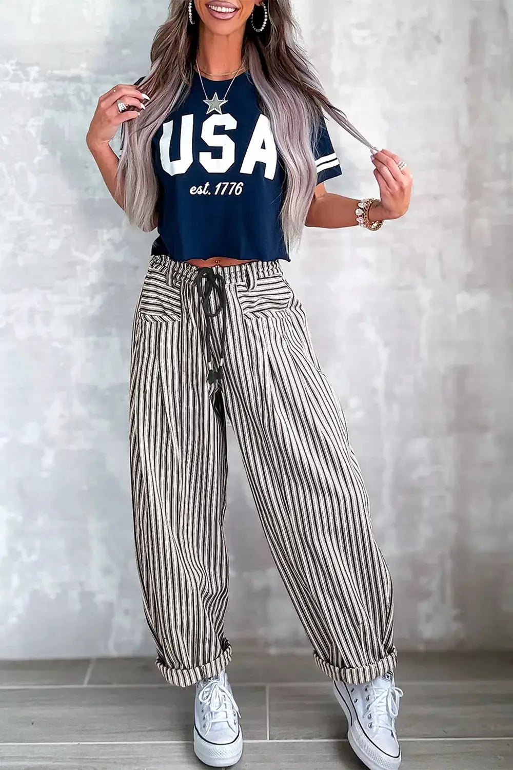 Stripe Drawstring Casual Loose Pants - Bitsy Gypsy Boutique