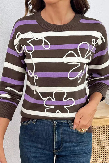 Stripe Embroidered Detail Drop Shoulder Sweater - Bitsy Gypsy Boutique