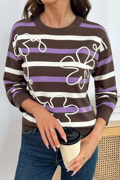 Stripe Embroidered Detail Drop Shoulder Sweater - Bitsy Gypsy Boutique