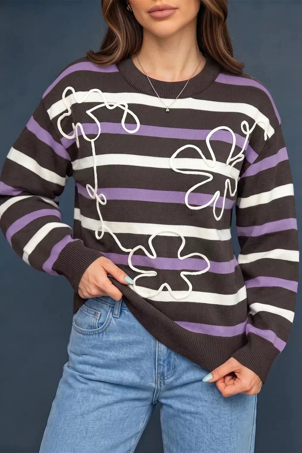 Stripe Embroidered Detail Drop Shoulder Sweater - Bitsy Gypsy Boutique