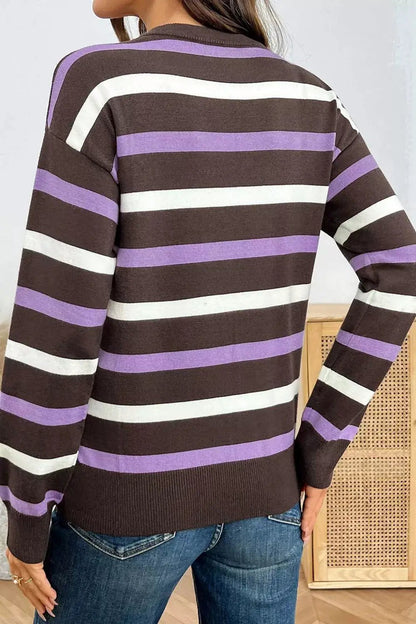 Stripe Embroidered Detail Drop Shoulder Sweater - Bitsy Gypsy Boutique