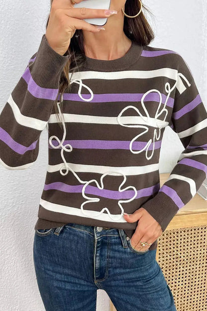Stripe Embroidered Detail Drop Shoulder Sweater - Bitsy Gypsy Boutique