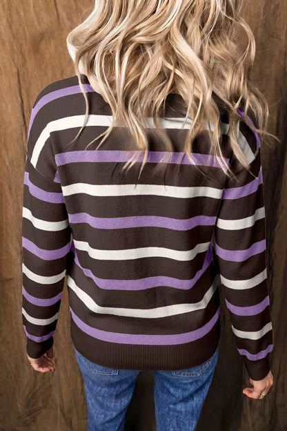 Stripe Embroidered Detail Drop Shoulder Sweater - Bitsy Gypsy Boutique