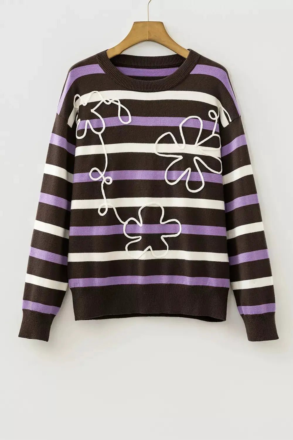 Stripe Embroidered Detail Drop Shoulder Sweater - Bitsy Gypsy Boutique