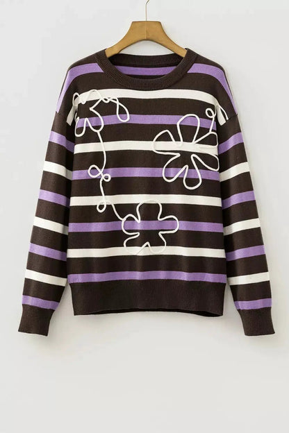 Stripe Embroidered Detail Drop Shoulder Sweater - Bitsy Gypsy Boutique