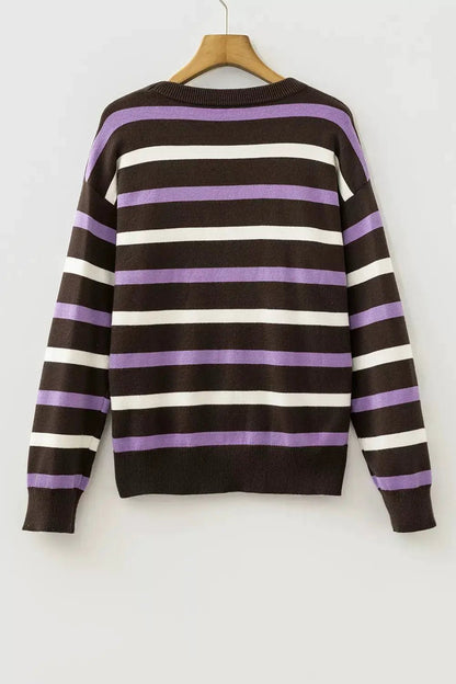 Stripe Embroidered Detail Drop Shoulder Sweater - Bitsy Gypsy Boutique