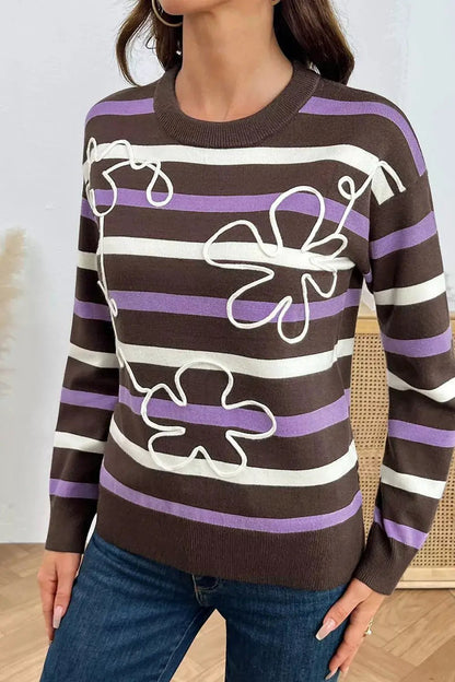 Stripe Embroidered Detail Drop Shoulder Sweater - Bitsy Gypsy Boutique