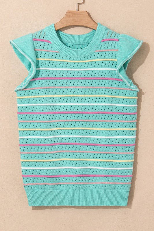 Stripe Eyelet Knit Ruffle Sleeve Sweater - Bitsy Gypsy Boutique