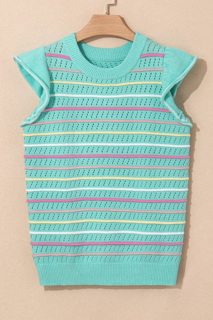 Stripe Eyelet Knit Ruffle Sleeve Sweater - Bitsy Gypsy Boutique