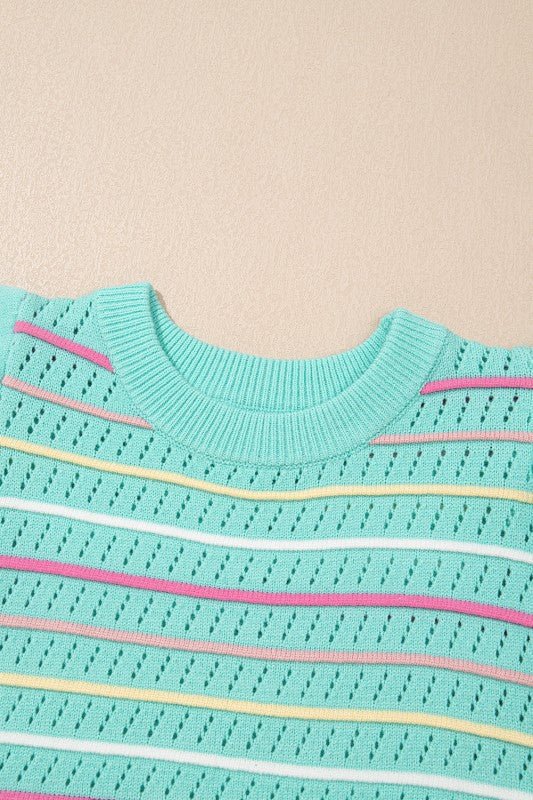Stripe Eyelet Knit Ruffle Sleeve Sweater - Bitsy Gypsy Boutique