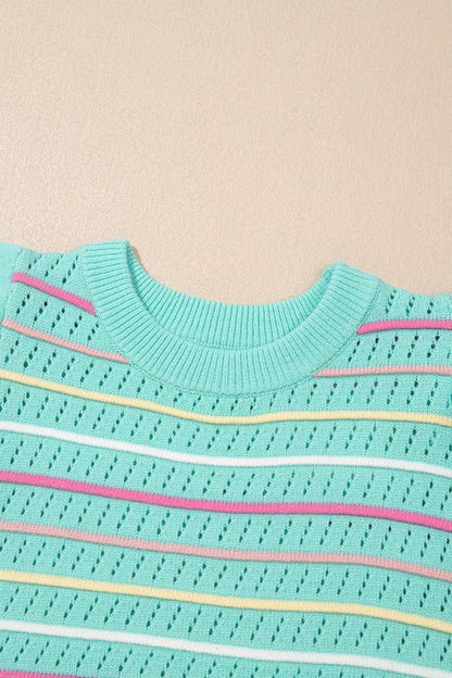 Stripe Eyelet Knit Ruffle Sleeve Sweater - Bitsy Gypsy Boutique