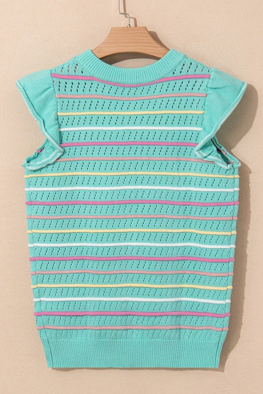 Stripe Eyelet Knit Ruffle Sleeve Sweater - Bitsy Gypsy Boutique