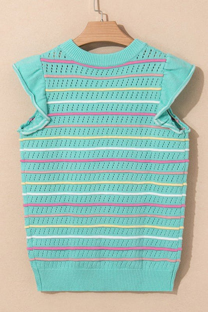 Stripe Eyelet Knit Ruffle Sleeve Sweater - Bitsy Gypsy Boutique