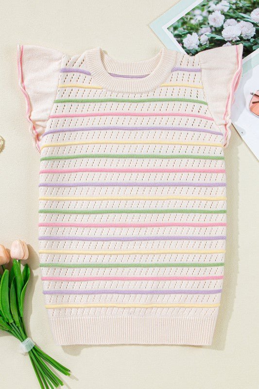 Stripe Eyelet Knit Ruffle Sleeve Sweater - Bitsy Gypsy Boutique