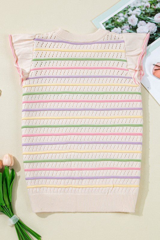 Stripe Eyelet Knit Ruffle Sleeve Sweater - Bitsy Gypsy Boutique