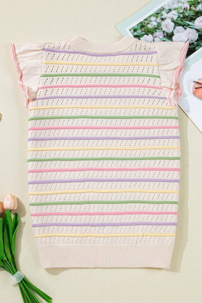 Stripe Eyelet Knit Ruffle Sleeve Sweater - Bitsy Gypsy Boutique