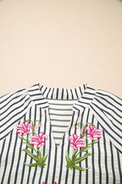 Stripe Floral Embroidered V - Neck 3/4 Sleeve Blouse - Bitsy Gypsy Boutique