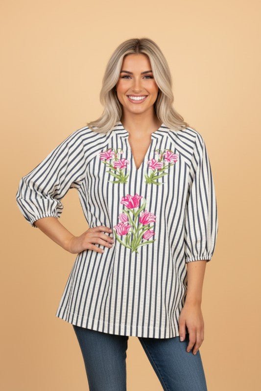 Stripe Floral Embroidered V - Neck 3/4 Sleeve Blouse - Bitsy Gypsy Boutique
