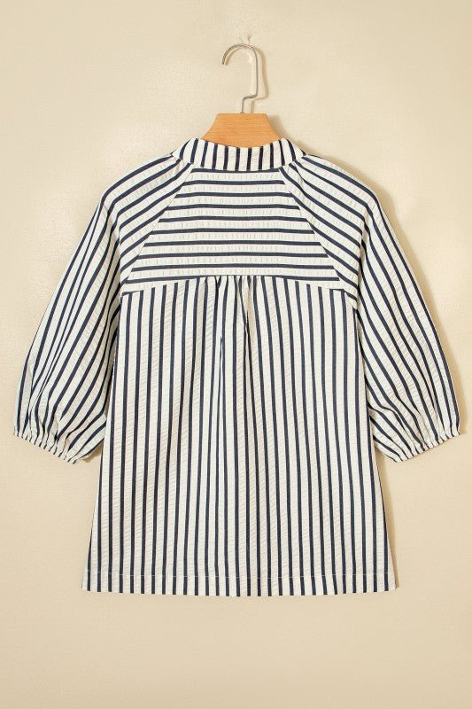 Stripe Floral Embroidered V - Neck 3/4 Sleeve Blouse - Bitsy Gypsy Boutique