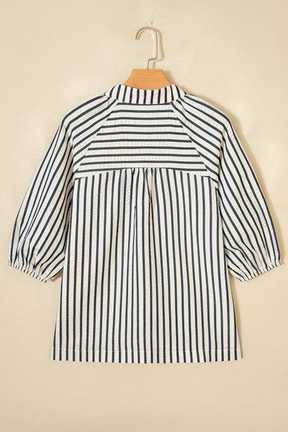 Stripe Floral Embroidered V - Neck 3/4 Sleeve Blouse - Bitsy Gypsy Boutique