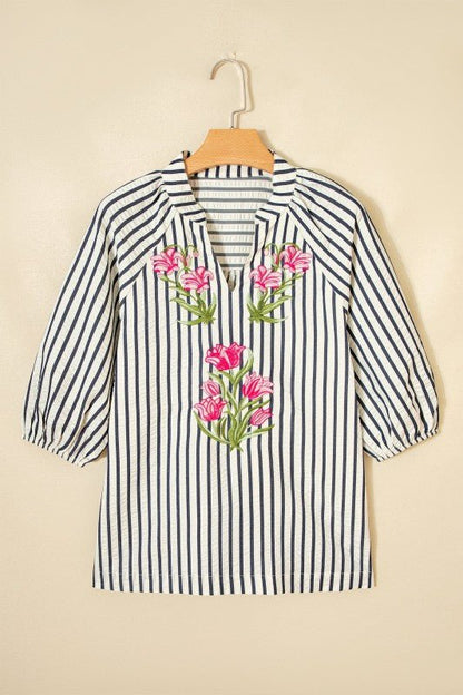 Stripe Floral Embroidered V - Neck 3/4 Sleeve Blouse - Bitsy Gypsy Boutique